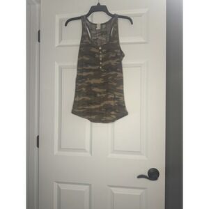 7th Ray Ribbed Camouflage Henley Tank Top Medium Brown Green